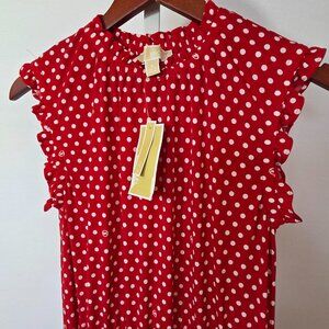 Michael Kors Red White Polka Dot Smocked Waist Midi Dress Size Small